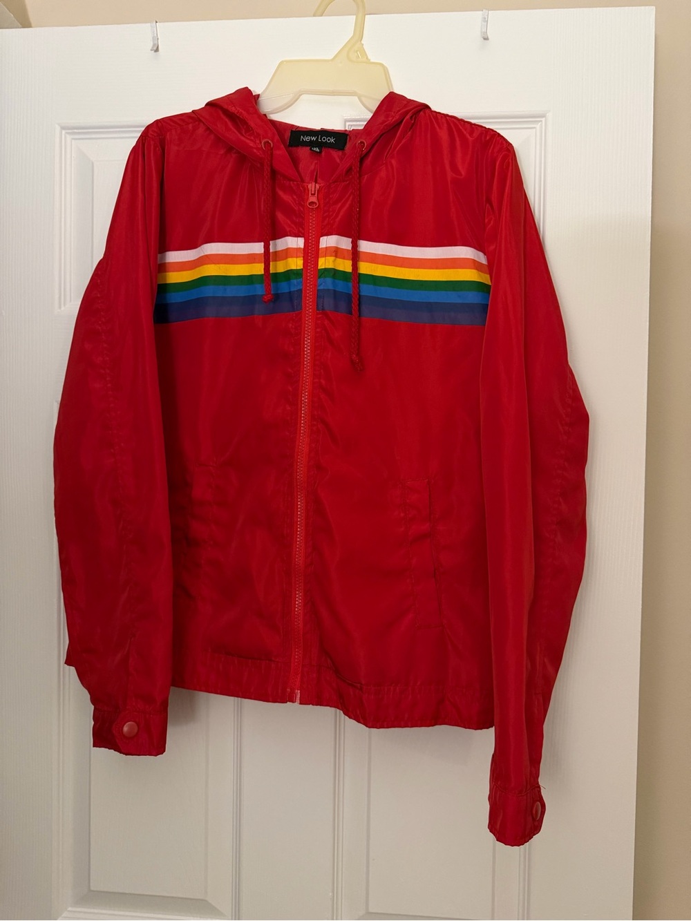 New Look Red Hooded Rain Jacket with Rainbow Chest Stripes